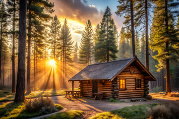 A rustic cabin nestled among tall trees, illuminated by warm sunlight filtering through the forest, creating a serene and peaceful atmosphere.