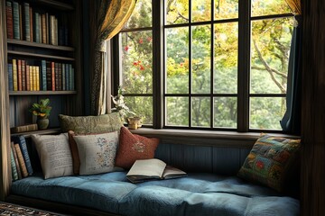 Cozy reading nook with a window seat, pillows, and an open book. Ideal spot for relaxation and enjoying nature views through the window.