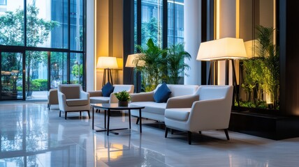 Obraz premium Stylish modern hotel lobby featuring sleek minimalist furniture and contemporary design elements.