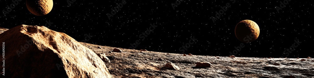 Canvas Prints a rocky planet with two large spheres in the sky. the sky is dark and the planets are small