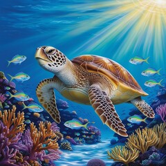 Fototapeta premium Sea turtle swimming in the Sea