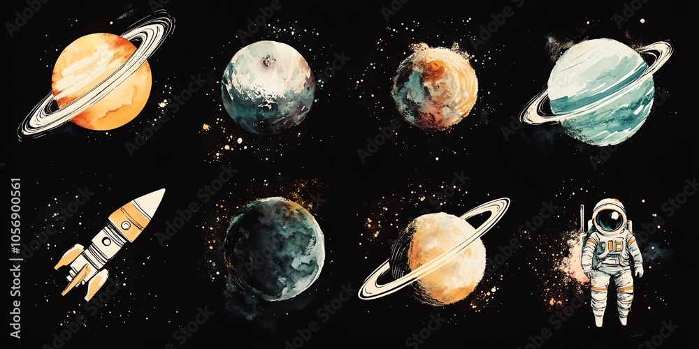 Canvas Prints a series of watercolor paintings of planets and a man in a spacesuit. the paintings are of various s