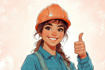 A cheerful female worker in a bright orange hard hat gives a thumbs-up at a construction site