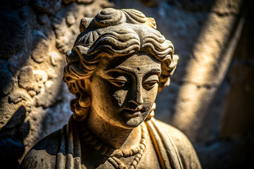 A close-up of a stone statue, showcasing intricate details and serene expression, illuminated by soft light against a textured backdrop.