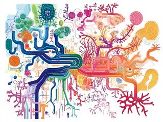 Colorful abstract illustration depicting intricate, interconnected patterns in vibrant hues, symbolizing complexity and creativity.