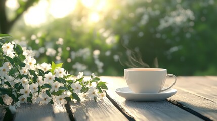 A serene cup of steaming tea beside blooming flowers on a wooden table.