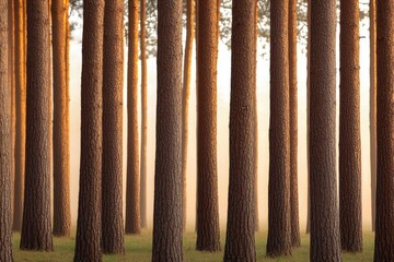 Morning Mist Over Pine Lumber Plantation: Serene Rows of Trees in a Tranquil Natural Landscape