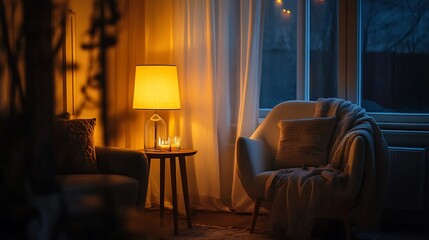 A cozy living room with a lit lamp on a side table, an armchair draped with a blanket, and a window overlooking a dark, nighttime scene.
