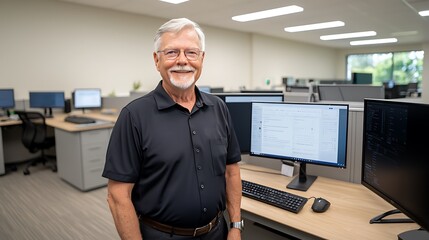 Professional setting a welcoming office environment featuring a friendly older man in front of dual monitors with a modern workspace design