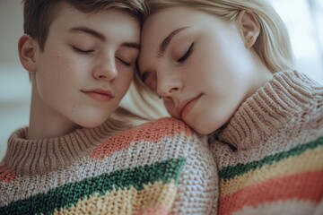Two females resting together on a surface, possibly friends or romantic partners
