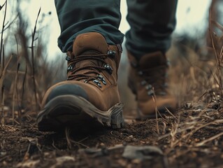 Close-up of a person hiking in rugged terrain wearing sturdy brown boots. The focus is on the footwear against a natural, earthy background.