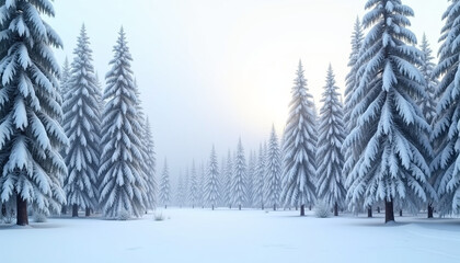 Fototapeta premium Snow-covered forest background, tall pine trees blanketed in white snow with soft, diffused light filtering through, serene and tranquil