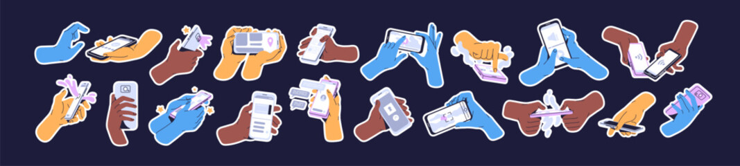 Hands hold smartphones set. People using mobile phones for watching videos, take photos, scroll social media, search information. Online communication by telephone. Flat isolated vector illustrations