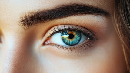 Fototapeta premium A woman's eye is open and has a blue iris. The eye is surrounded by a light blue shadow