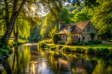 A charming cottage by a serene river, surrounded by lush greenery and dappled sunlight filtering through trees.