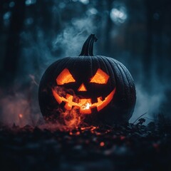 Glowing Jack-O-Lantern Halloween pumpkin in dark spooky atmosphere