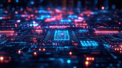 Obraz premium Abstract digital circuit board with glowing lights and patterns.
