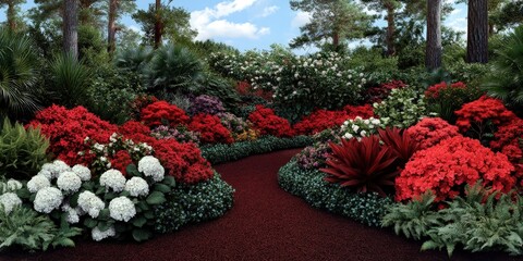 Fototapeta premium Lush Red White Flower Garden Path Landscape Photography