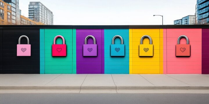 Colorful padlocks on bridge - rainbow love and unity theme for urban art and design