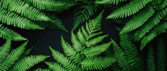 Vibrant green ferns on a dark background, showcasing their intricate patterns and natural beauty.