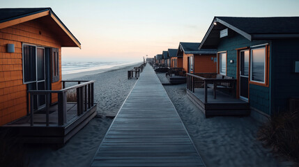 Fototapeta premium Beachfront cabins with colorful facades along a wooden boardwalk at sunset, with sandy dunes and ocean waves in the background.