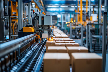 Fototapeta premium A highly automated warehouse scene with conveyor belts transporting neatly arranged cardboard boxes in a well-lit industrial setting.
