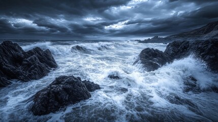 Obraz premium Dramatic Stormy Seascape with Crashing Waves and Dark Clouds