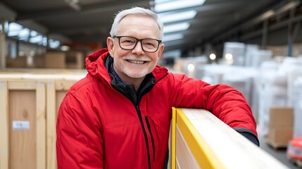 Cheerful senior male worker smiling in warehouse environment emphasizing joyful attitude and hard work ethic