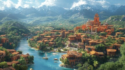 Scenic view of a vibrant village by a river with mountains.