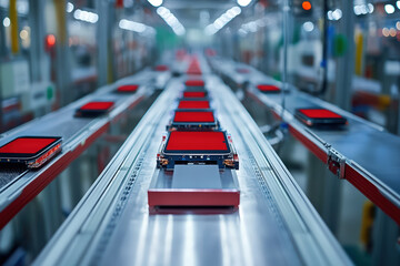 A manufacturing line with red components on conveyor belts in a well-lit factory setting.