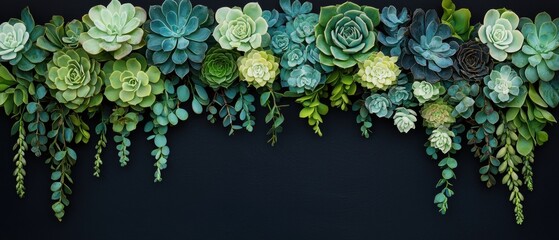 Vibrant succulent arrangement against a contrasting dark backdrop, showcasing diverse textures and colors.