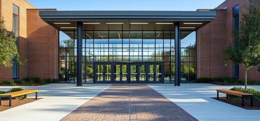 Modern school building with a glass entrance and brick exterior.