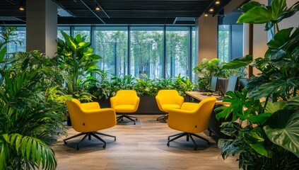 Fototapeta premium Modern Office with Lush Plants and Yellow Chairs