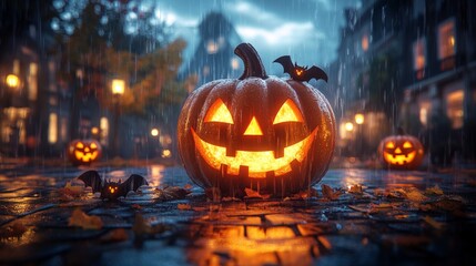 Obraz premium Glowing Jack-O-Lantern Halloween pumpkin in dark spooky atmosphere