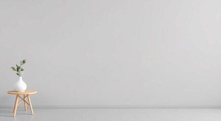 Minimalist white vase with green leaves on wooden table in front of gray wall.
