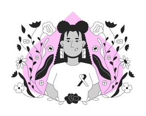 Hispanic woman promoting breast cancer awareness black and white 2D illustration concept. Mammogram campaign. Latina female with pink ribbon outline character isolated. Metaphor monochrome vector art