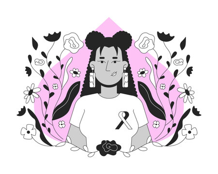 recommend clip art: Hispanic woman promoting breast cancer awareness black and white 2D illustration concept. Mammogram campaign. Latina female with pink ribbon outline character isolated. Metaphor monochrome vector art