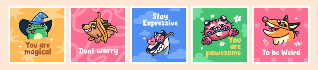 Comic card designs with cute baby animals and phrases of wishes set. Postcards with happy muzzles of adorable frog, raccoon, fox. Templates with different funny characters. Flat vector illustrations