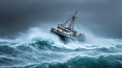 Obraz premium An old weathered fishing vessel battles a raging sea