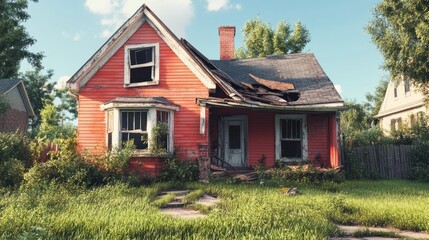 Abandoned Red House with Damaged Roof and overgrown Yard