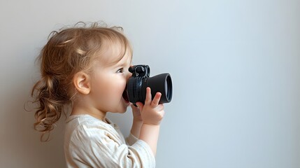 A young girl, filled with wonder, gazes through binoculars. Her open-mouthed expression captures the joy of discovery, as if she's just seen something truly fascinating.