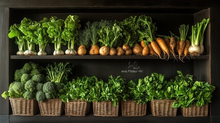This local vegetable store features an impressive array of fresh produce, including leafy greens, carrots, and turnips, all neatly arranged on wooden shelves