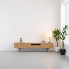 Minimalist living room with a wooden media console, plants, and a lamp.