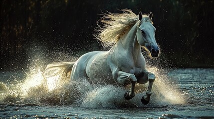 Beautiful white horse gallops through the water and its long mane flowing