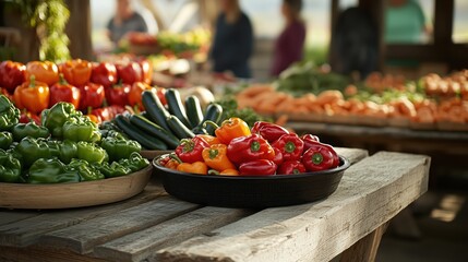 Colorful peppers, zucchini, and carrots are displayed at an outdoor vegetable market. Shoppers browse nearby, enjoying the fresh produce on a sunny day