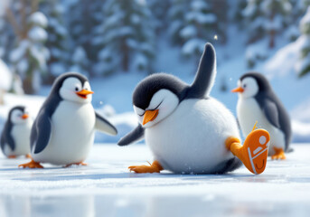 Obraz premium Cute Penguins Sliding on Ice