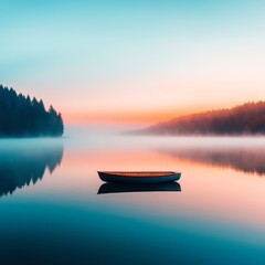 A tranquil scene featuring a lone boat on a misty lake at dawn, surrounded by forests and a colorful sky, Ideal for promoting relaxation, nature, travel, or inspiration in blogs and publications,