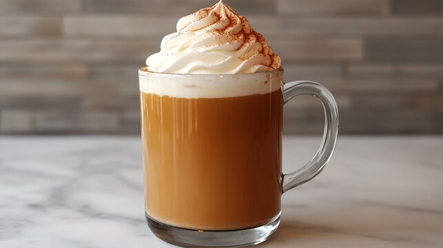 Spice latte in clear glass mug topped with swirled whipped cream