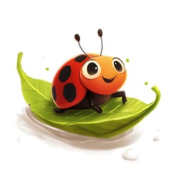 A playful cartoon ladybug floating on a leaf boat in a stream, looking excited on a white background.