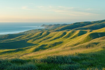 A beautiful landscape with a green hillside and a blue ocean in the background